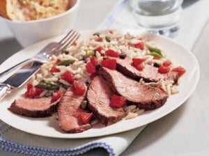 Tasty Tuesday: Fleming Family Beef SIRLOIN STRIP STEAK WITH ASPRAGUS & TOMATO ORZO